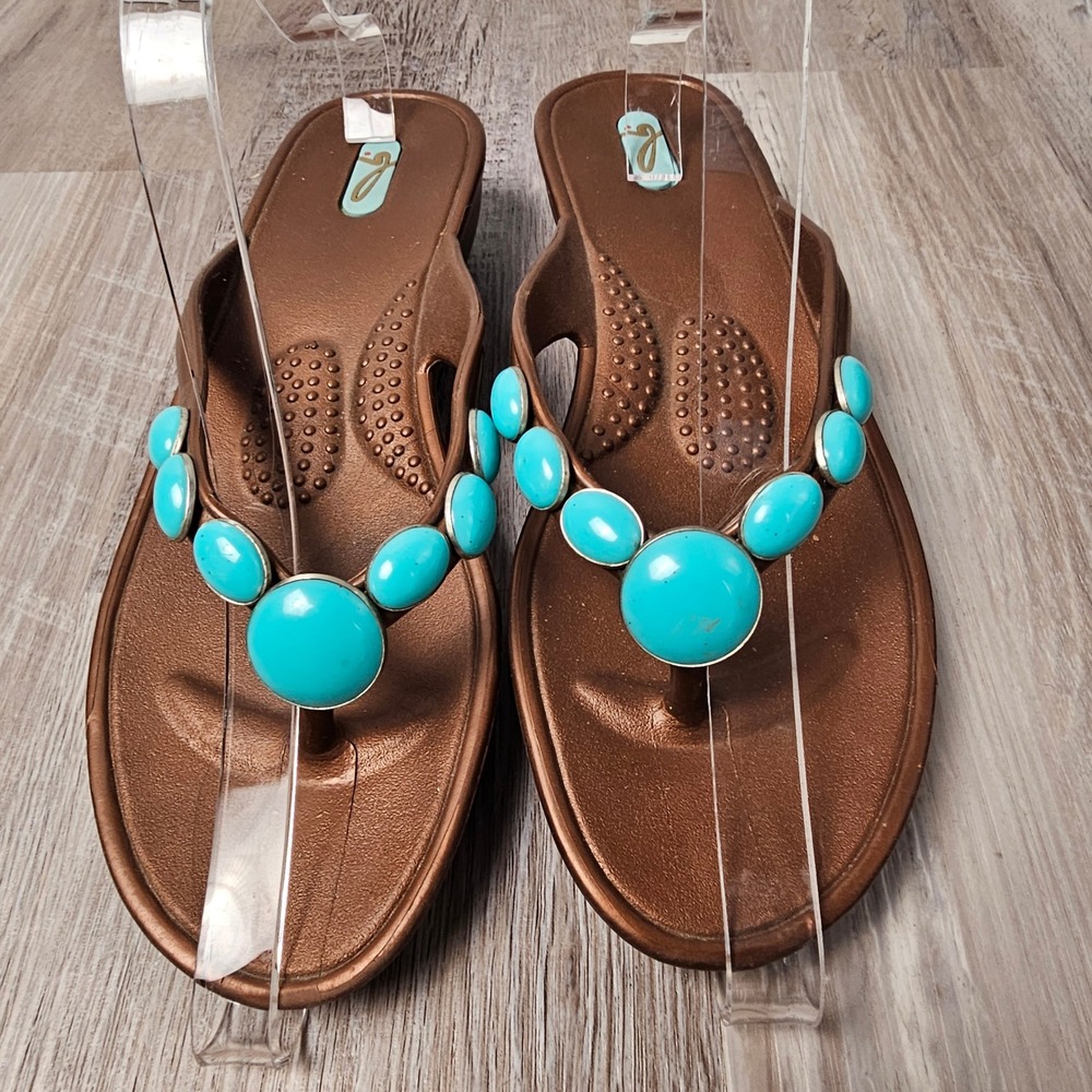 Oka-B Womens Turquoise Cabochon Wedge Sandals ML 8.5-9.5 Copper Southwestern